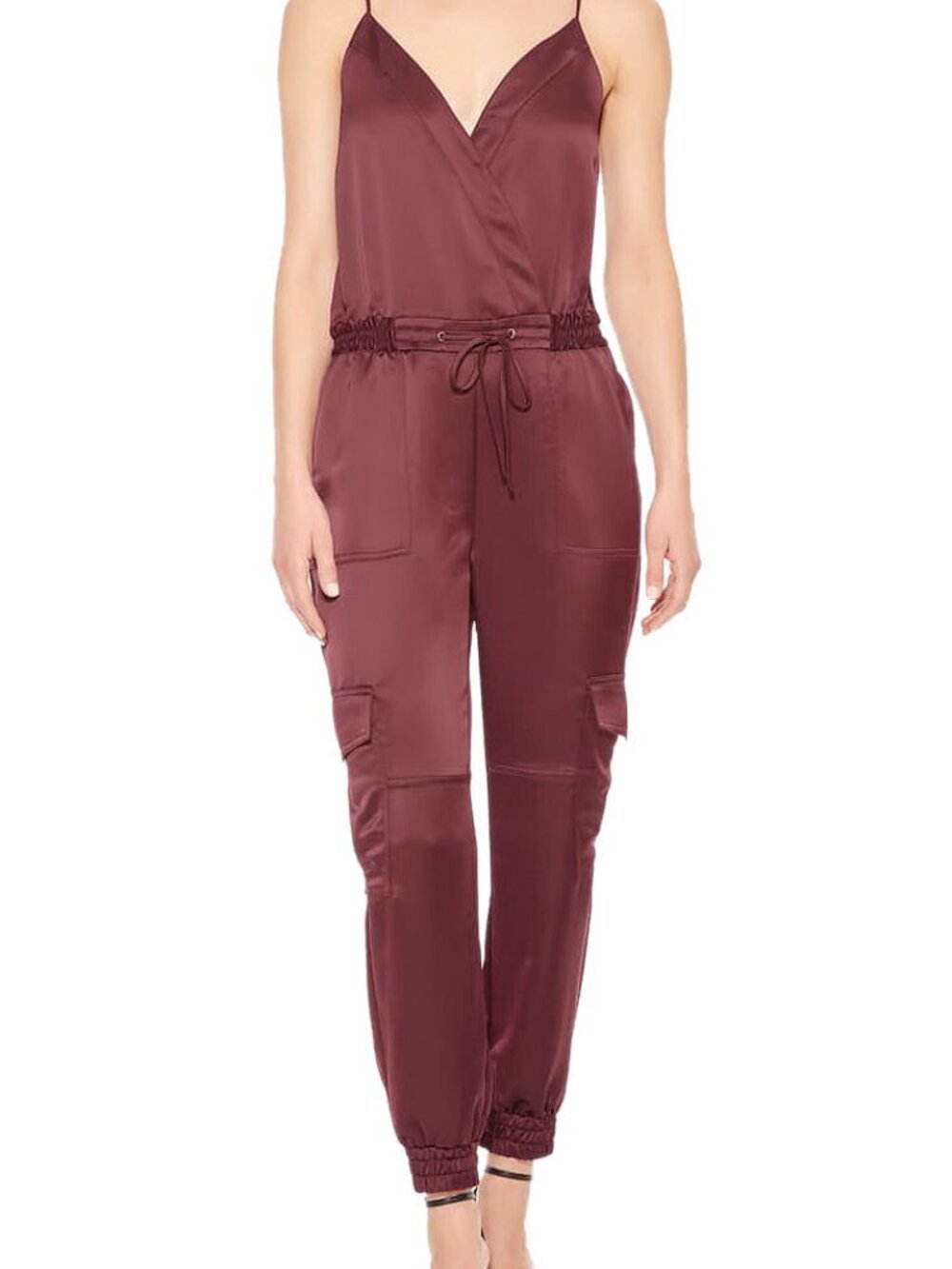 New Parker Khloe Satin Cargo Burgundy Spaghetti Straps Jogger Jumpsuit Size 6